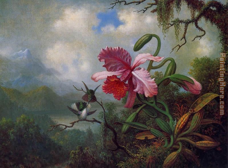 Orchid and Hummingbirds near a Mountain Lake painting - Martin Johnson Heade Orchid and Hummingbirds near a Mountain Lake art painting